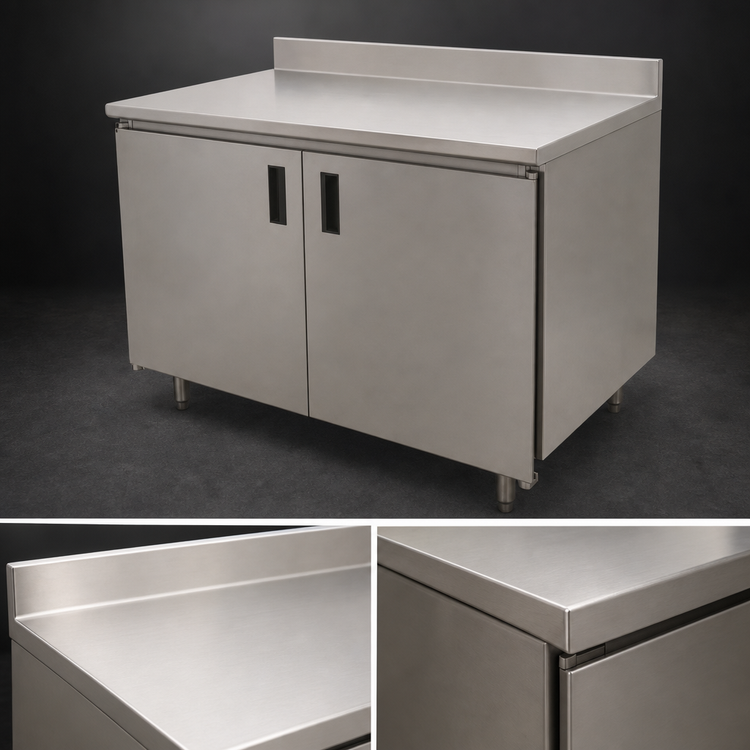 Product image #3 for Advance Tabco Special Value Series Enclosed Work Table with Sliding Doors, 60 x 30 Inch, 16 Gauge 304 Stainless Steel Top, 5 Inch Backsplash