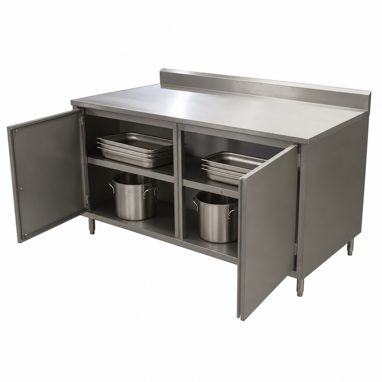 Product image #3 for BK Resources 72-Inch x 30-Inch Stainless Steel Enclosed Work Table with Hinged Doors and 5-Inch Backsplash