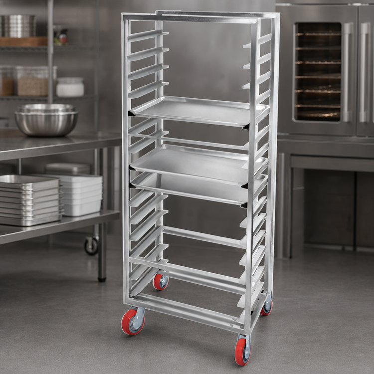 Product image #3 for Lifetime Tough Extra Heavy-Duty Aluminum Side-Load Bun Pan Rack on Casters, 10-Pan Capacity, 29 x 18 x 70 Inches