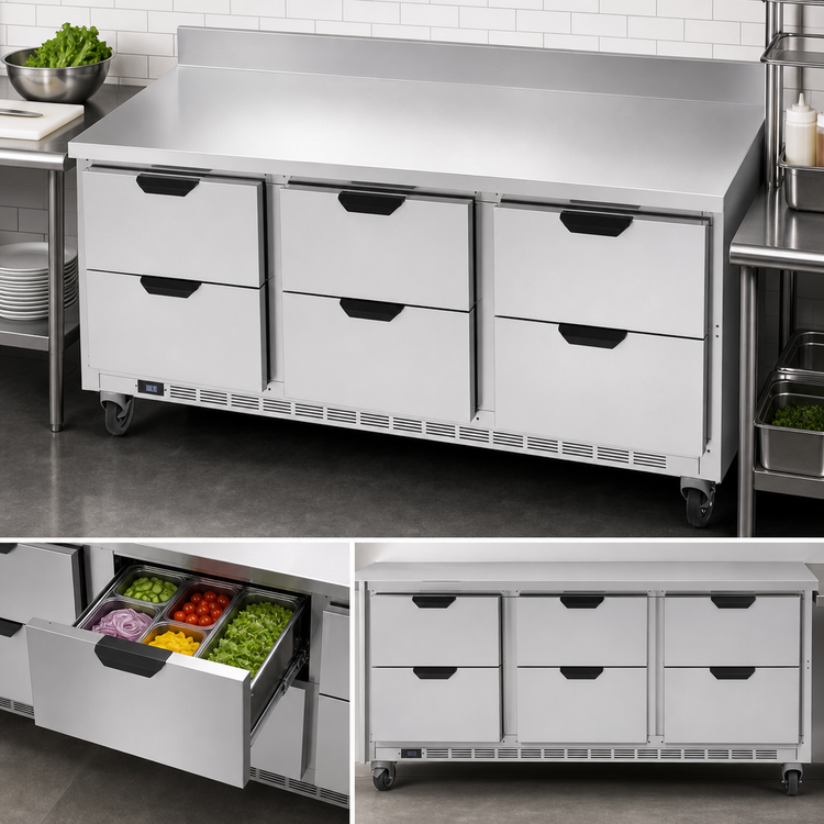 Product image #3 for Beverage-Air WTRD72AHC-6-FIP 72-Inch Three-Section Worktop Refrigerator with 6 Drawers