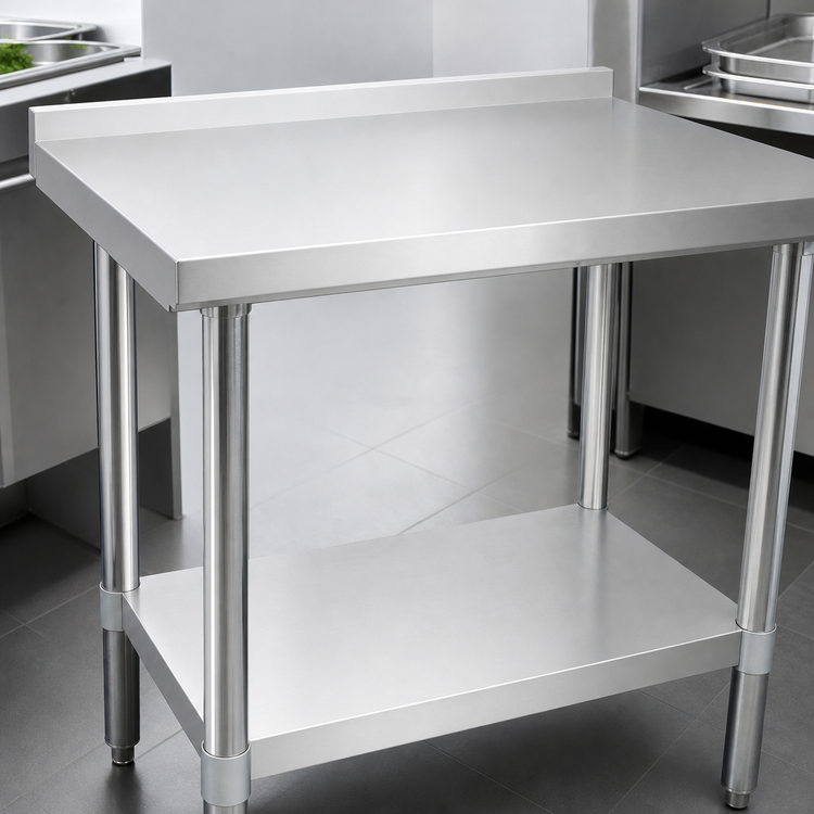 Product image #3 for BK Resources 30 Inch x 30 Inch Stainless Steel Corner Work Table with 1-1/2 Inch Rear Riser and Undershelf