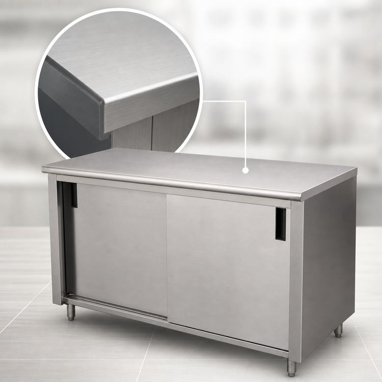 Product image #3 for Advance Tabco Special Value 120" x 30" Enclosed Stainless Steel Work Table with Sliding Doors, 16 Gauge Top