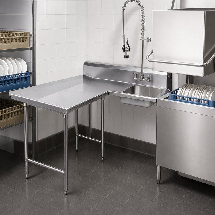 Product image #3 for Advance Tabco L-Shaped Left-Hand Dishlanding-Soil Dishtable with Pre-Rinse Sink, 59 Inch Long, 10-1/2 Inch Backsplash, 16/304 Stainless Steel