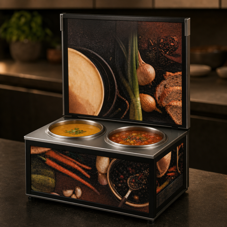 Product image #3 for Vollrath Cayenne Twin Well Countertop Soup Merchandiser with Menu Board and Tuscan Graphics, 2 x 7-1/4 Qt Insets