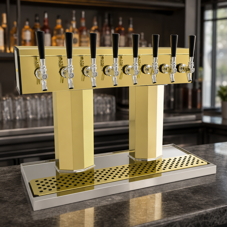 Product image #3 for Glastender Countertop Tee Draft Dispensing Tower with 8 Faucets, Glycol-Cooled, Polished Brass Finish