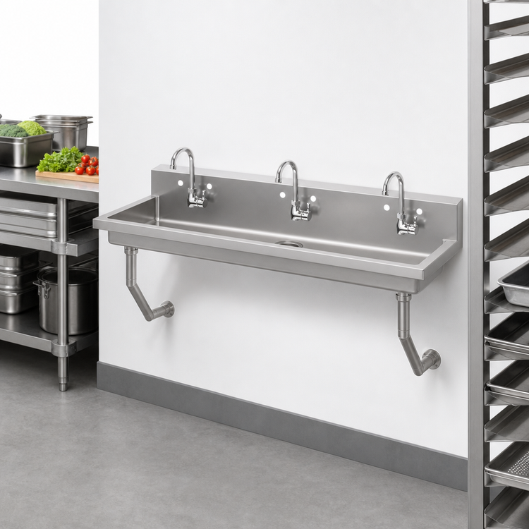 Product image #3 for John Boos Wall-Mount Multi-Station Stainless Steel Hand Wash Sink, 60 x 19-5/8 Inches, 3 Single-Hole Faucet Openings