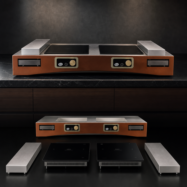 Product image #3 for Double Induction Countertop Station Kit with 2 Cooktops and Cooling Plates, Brushed Finish, Translucent Copper Coating