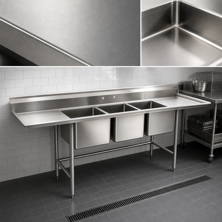 Product image #3 for Eagle Group S16 Series 3-Compartment Stainless Steel Sink with Left and Right Drainboards, 103-Inch Wide