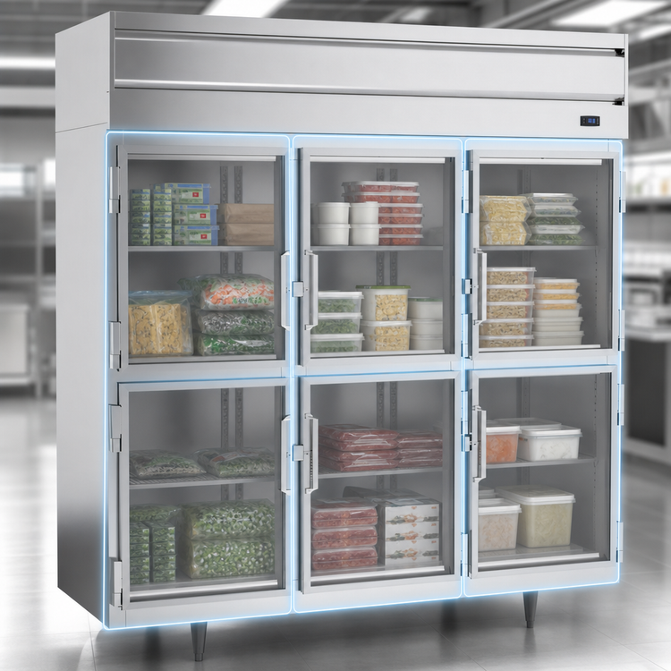 Product image #3 for Beverage-Air P Series Three-Section Commercial Reach-In Freezer with 6 Lockable Glass Half Doors