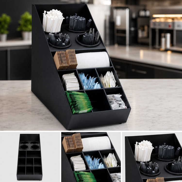 Product image #3 for Black Polystyrene 13-Compartment Tabletop Silverware and Condiment Organizer