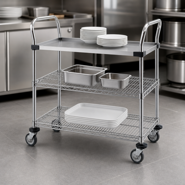Product image #3 for Metro Super Erecta MW402 Standard Duty 3-Shelf Open Utility Bus Cart, 30 x 18 Inches, Chrome Plated Steel