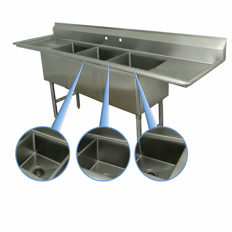 Product image #3 for Advance Tabco 3-Compartment Fabricated Sink with Left and Right Drainboards, 30 x 30 x 14 Inch Bowls, 16-Gauge 304 Stainless Steel