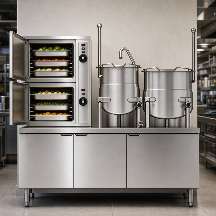 Product image #3 for Crown ECX-2-6-6 Electric Two-Compartment Convection Steamer with Dual 6 Gallon Kettles and Cabinet Base