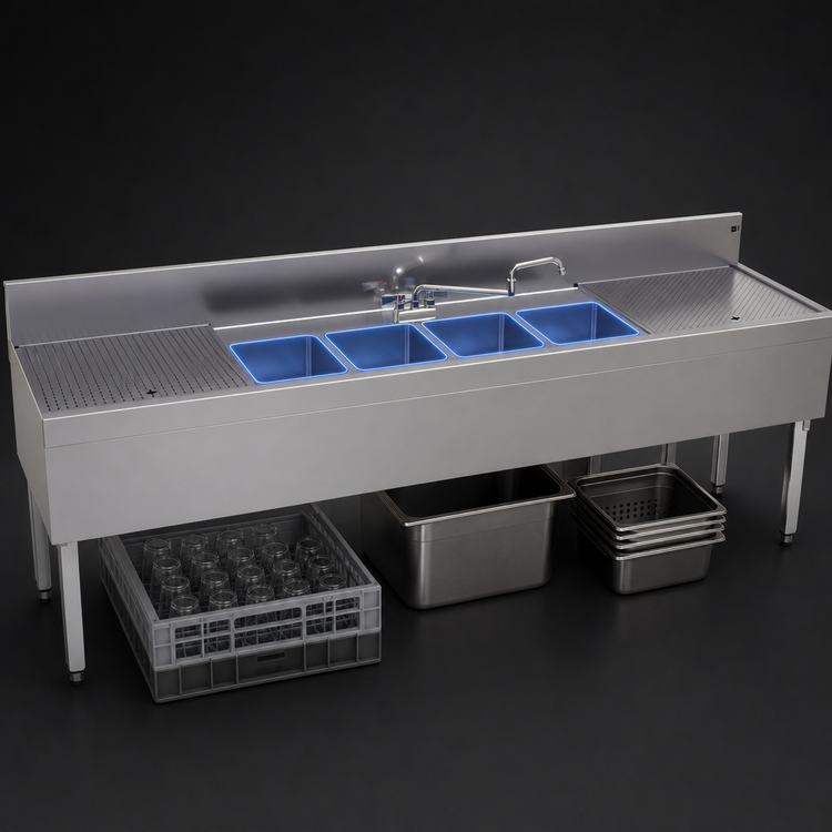 Product image #3 for Glastender Four-Compartment Underbar Sink Unit with Left and Right Drainboards, 96 Inch W x 24 Inch D