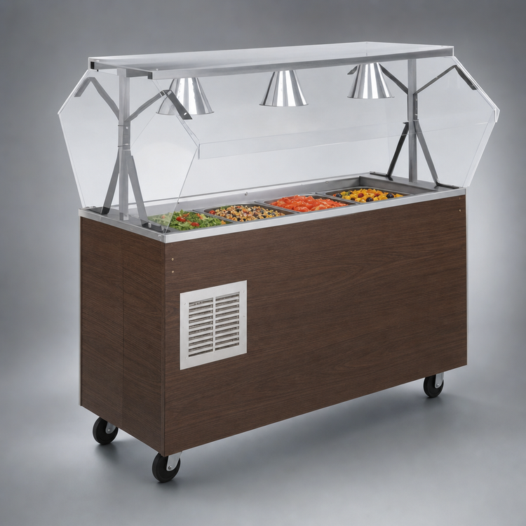 Product image #3 for Vollrath 2-Series Affordable Portable Mobile Refrigerated 4-Pan Cold Food Buffet Station with Breath Guard, Walnut Woodgrain