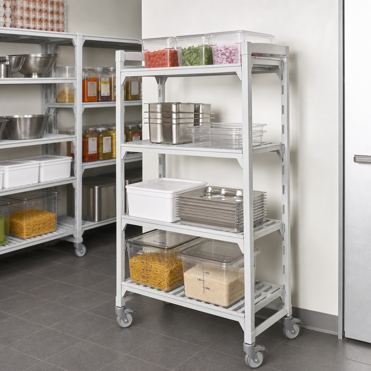 Product image #4 for Cambro Camshelving Premium High Density Mobile Starter Unit, 21" x 42" x 75-1/4", 4-Shelf Vented, Speckled Gray
