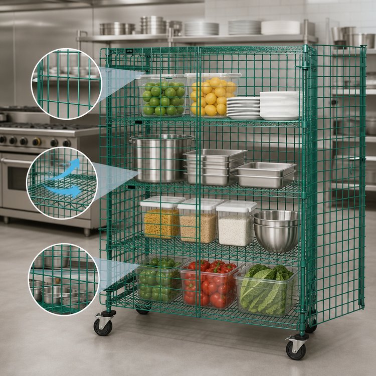 Product image #3 for Quantum Mobile Wire Security Cage Shelving Unit, 48"W x 18"D x 69"H, Green Epoxy