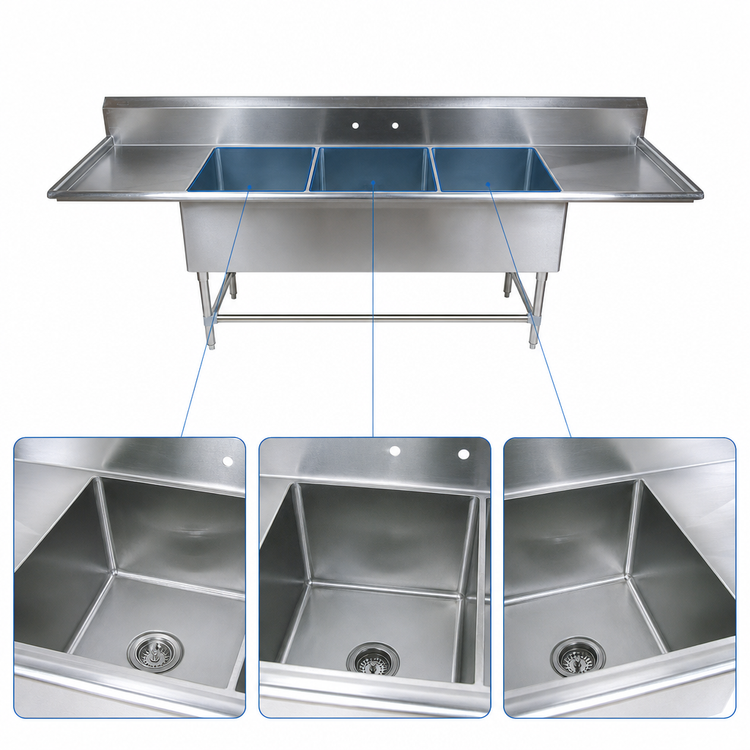 Product image #3 for John Boos Pro-Bowl Commercial 3-Compartment Stainless Steel Sink with Left and Right Drainboards