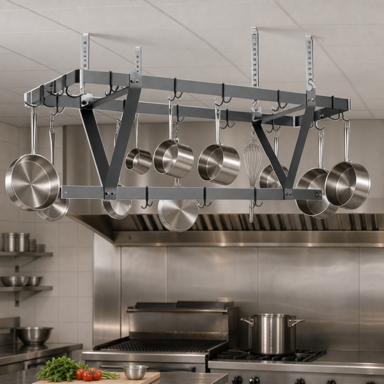 Product image #3 for Eagle Group Ceiling-Mounted Triple-Bar Aluminum Pot Rack, 64 x 20 x 18 Inches