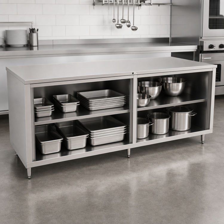 Product image #3 for John Boos 120"W x 36"D 14-Gauge 300-Series Stainless Steel Flat Top Open Front Cabinet Base Work Table