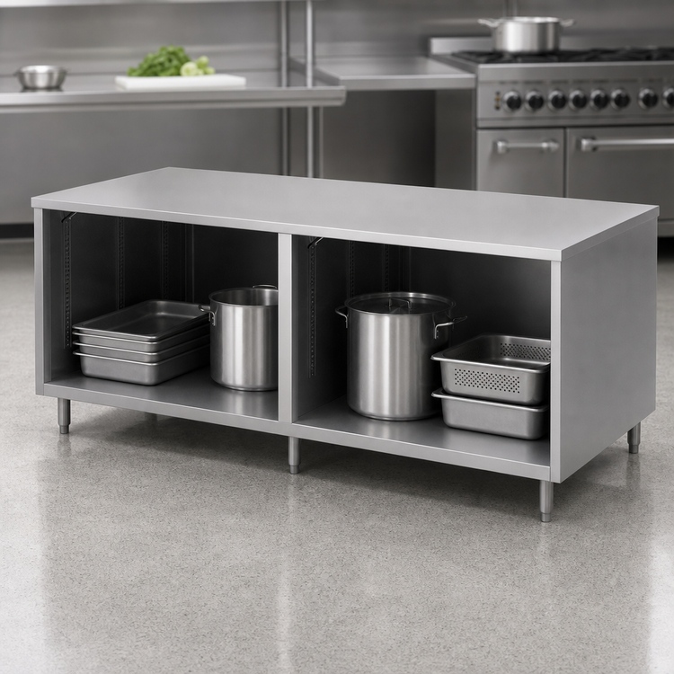 Product image #3 for BK Resources 120-Inch x 30-Inch 14-Gauge Stainless Steel Chef Table with Open Front Cabinet Base