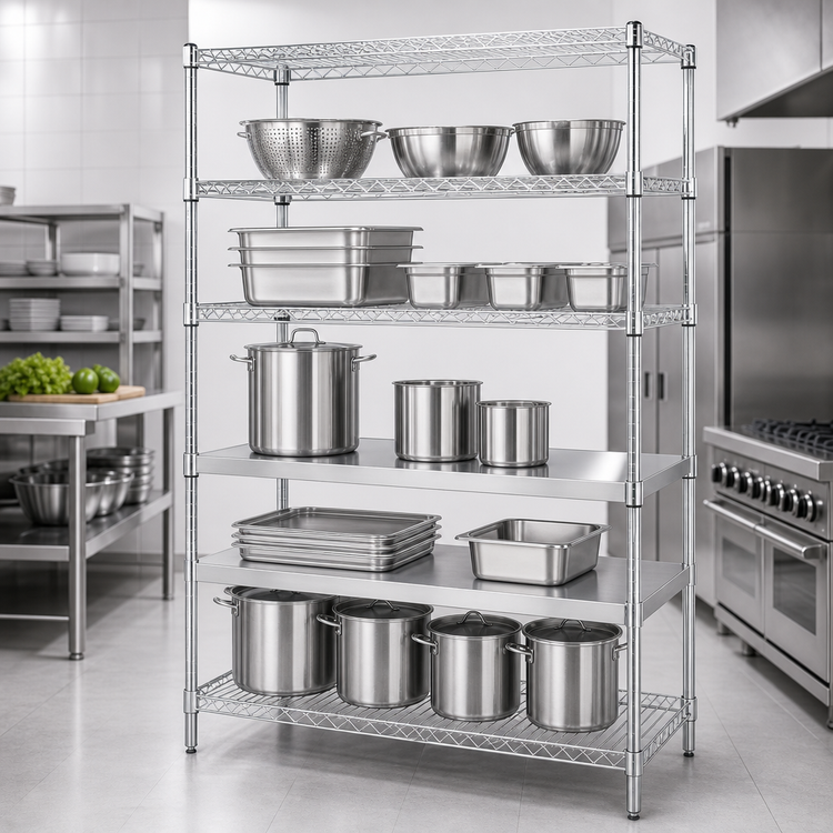 Product image #3 for Quantum 60 Inches x 24 Inches x 74 Inches Stationary Stainless Steel Shelving Unit with 3 Wire Shelves and 1 Solid Shelf