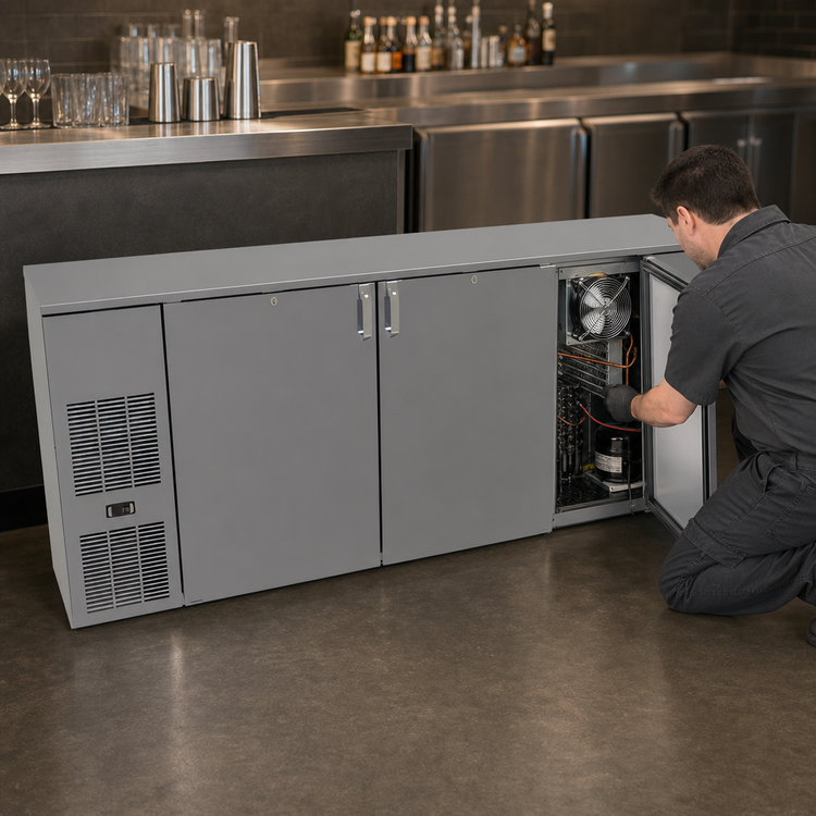 Product image #3 for Glastender CS1FB84 Shallow-Depth Front-Serviced One-Zone Back Bar Cooler, 84-Inch, Three-Section, Self-Contained