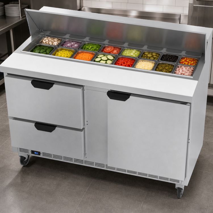 Product image #4 for Beverage-Air 60 Inch Two-Section Sandwich Prep Table with 2 Drawers, 1 Door, and 16 1/6-Size Pan Top