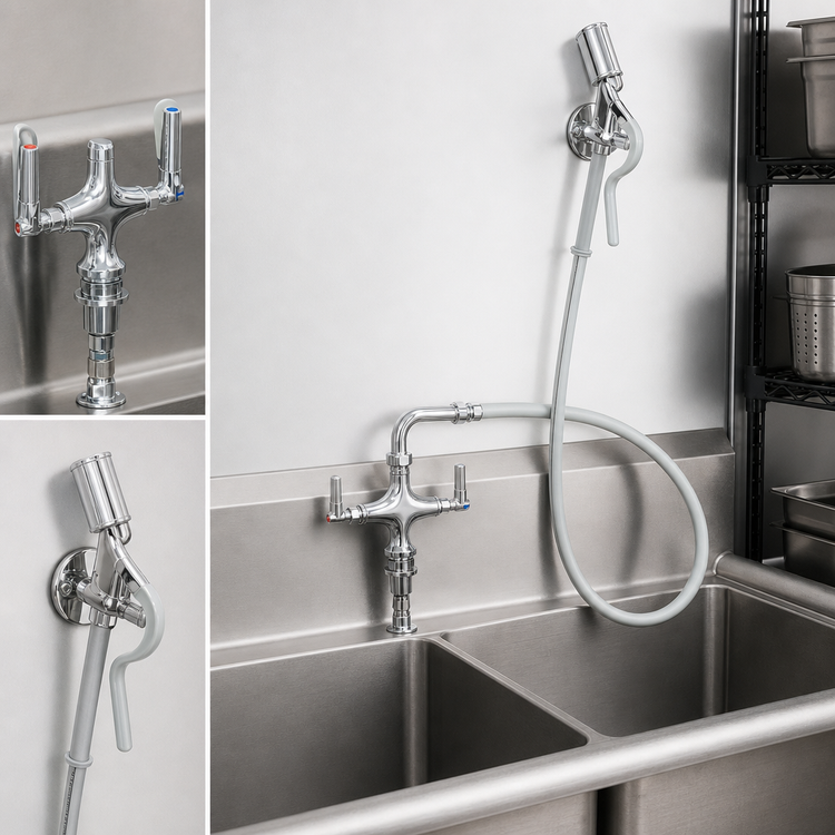 Product image #3 for Vulcan Double Pantry Deck-Mount Faucet with Washdown Hose, Backflow Preventer and Wall Hook