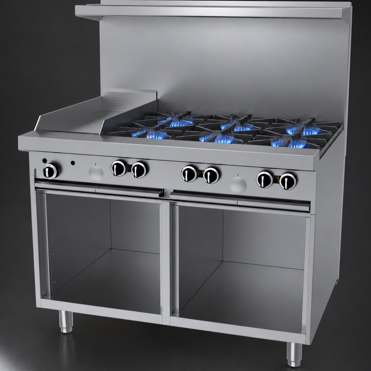Product image #3 for Garland G Starfire Pro 48-Inch Gas Restaurant Range with 6 Open Burners, 12-Inch Griddle, and Dual Storage Bases