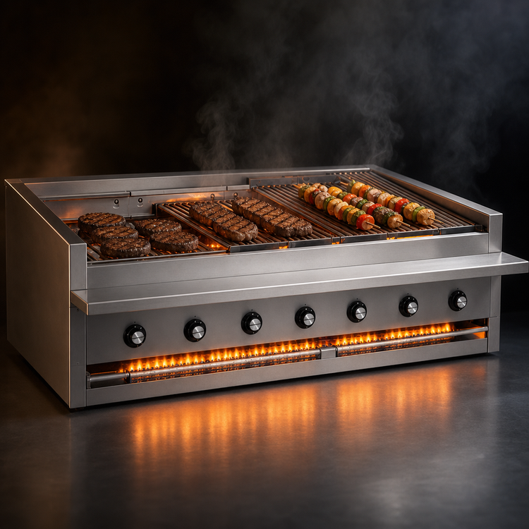 Product image #3 for Bakers Pride Dante Series 60-Inch Low-Profile Countertop Gas Radiant Charbroiler with Glo-Stones and 6-Inch Service Shelf