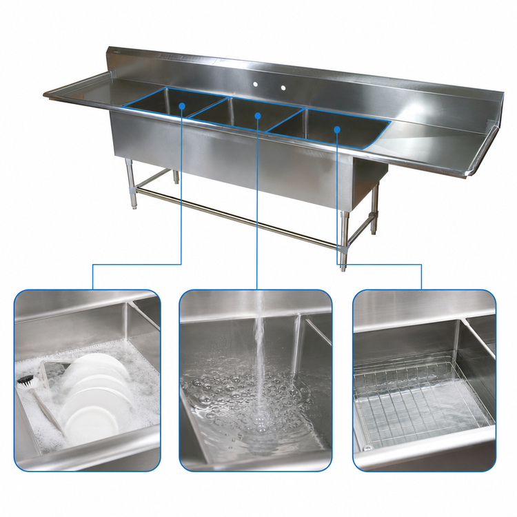 Product image #3 for John Boos Pro-Bowl Three-Compartment Sink with Left & Right Drainboards, 16 x 18 x 12-Inch Bowls