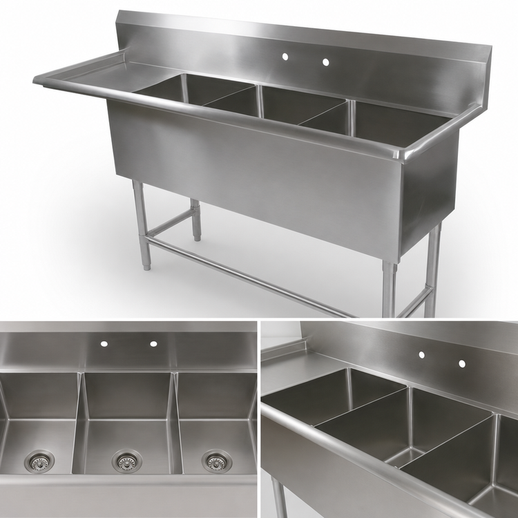 Product image #3 for John Boos Pro-Bowl 3-Compartment Freestanding Stainless Steel Sink with Left Drainboard, 76-3/16" x 25-1/2"