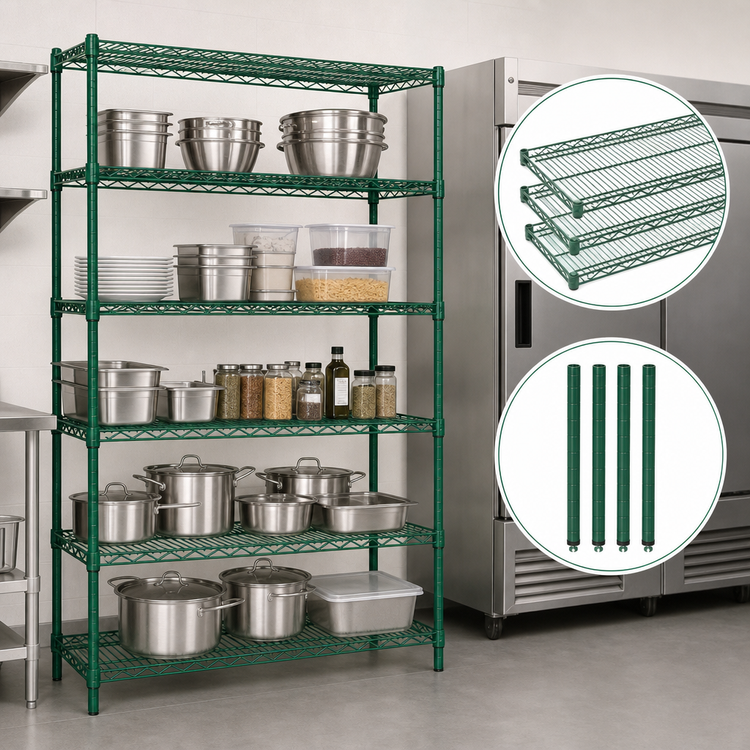 Product image #3 for Quantum 54 Inch W x 14 Inch D x 63 Inch H Wire Shelving Starter Kit, 5 Shelves, Green Epoxy Finish