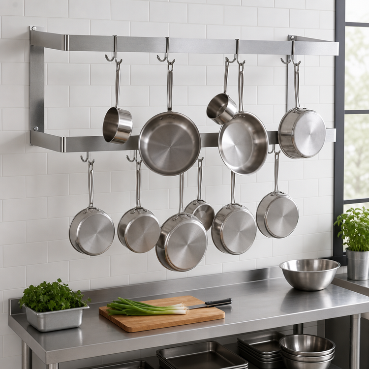 Product image #3 for John Boos PRW23A Wall-Mount Double-Bar Stainless Steel Pot Rack, 84 Inch, 14 Hooks