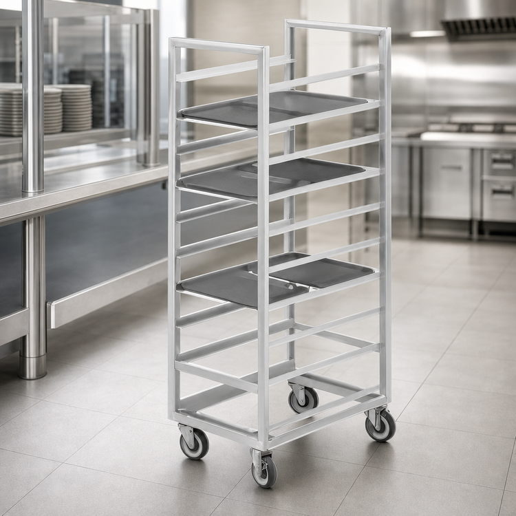 Product image #3 for Channel Single-Section Stainless Steel Cafeteria Tray Rack Cart, End Load, 14-Tray Capacity, 15 x 20 Inch Trays