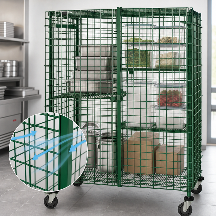 Product image #3 for Quantum Stationary Security Cage, 48"W x 18"D x 63"H, Green Epoxy Antimicrobial Finish