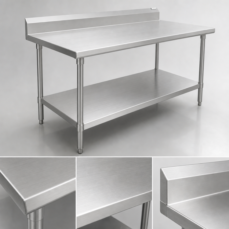 Product image #3 for John Boos Stallion 108" x 30" 16-Gauge 300-Series Stainless Steel Top Work Table with 5" Backsplash and Adjustable Undershelf
