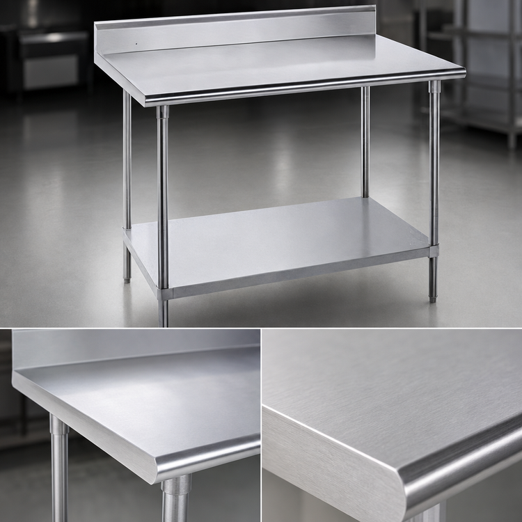 Product image #3 for Advance Tabco 108-Inch x 36-Inch 16-Gauge 430 Stainless Steel Work Table with 5-Inch Backsplash and Galvanized Undershelf