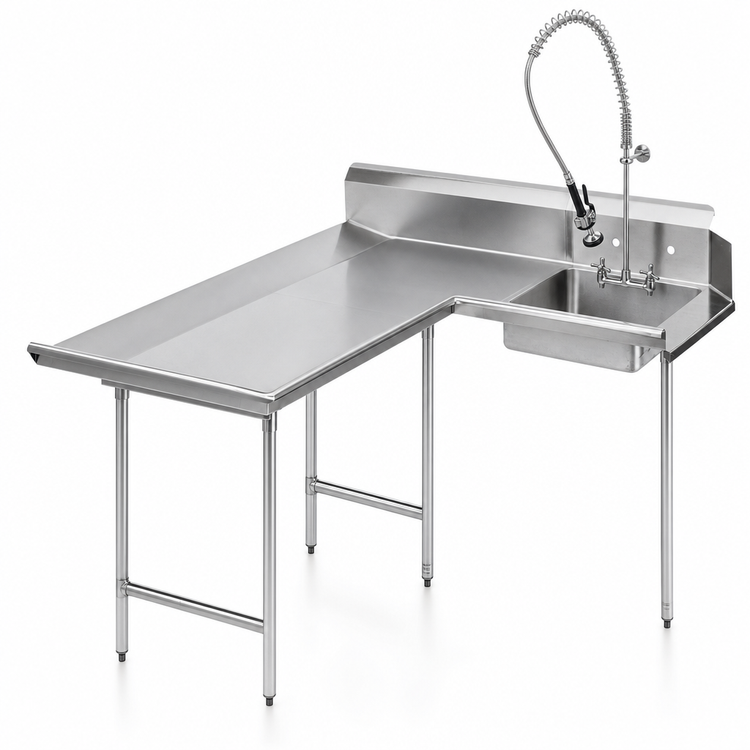 Product image #3 for Advance Tabco L-Shaped Left-Hand Dishlanding-Soil Dishtable with Landing and Pre-Rinse Sink, 83 Inch, 16/304 Stainless Steel