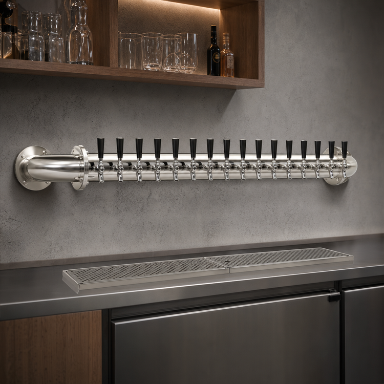 Product image #3 for Glastender 16-Faucet Pipe Wall Draft Dispensing Tower, Mirror Finish, Glycol-Cooled, Wall Mounted