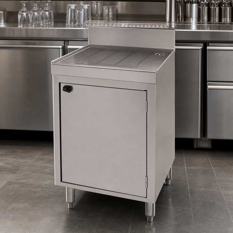 Product image #3 for Advance Tabco Underbar Basics Stainless Steel Drainboard Cabinet Base with Mid-Shelf and 2 Doors, 36 x 21 x 33 Inches
