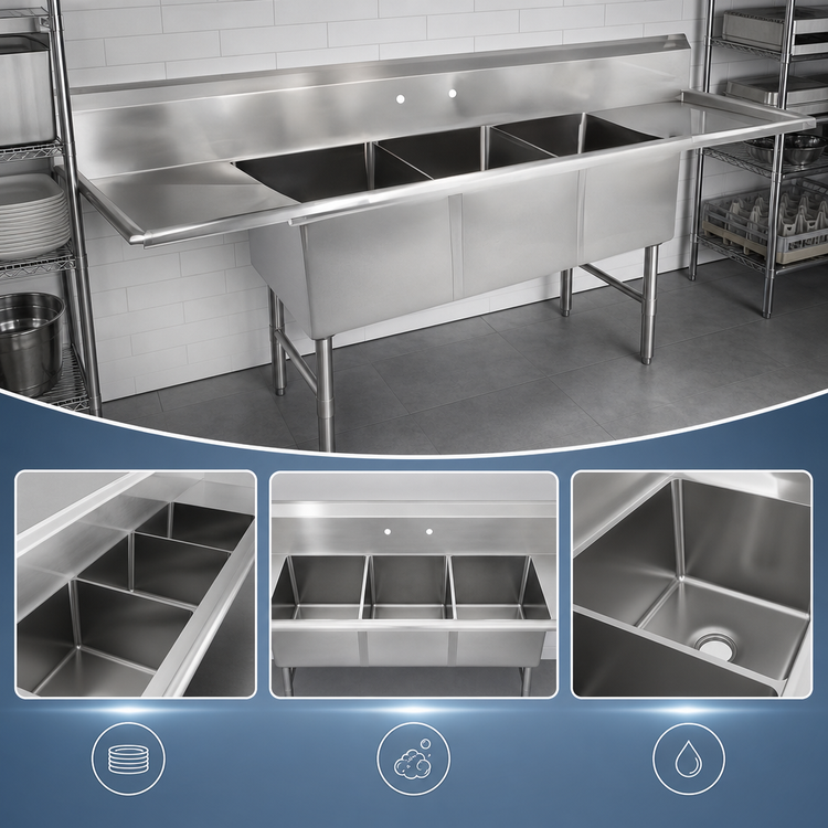 Product image #3 for John Boos B Series 3-Compartment Stainless Steel Sink with Left and Right Drainboards