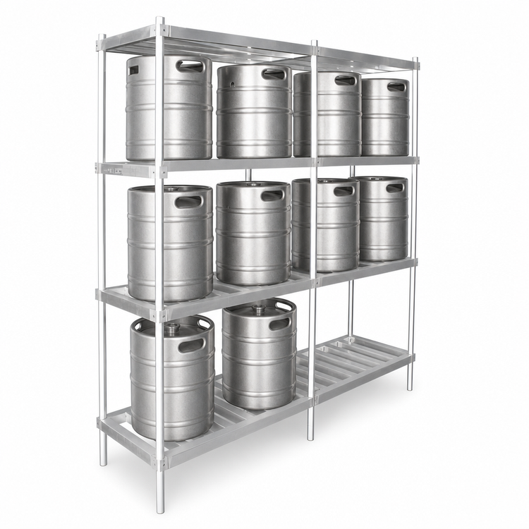 Product image #3 for John Boos 93-Inch Wide Aluminum Keg Rack with 3 Adjustable Shelves, 10-Keg Capacity