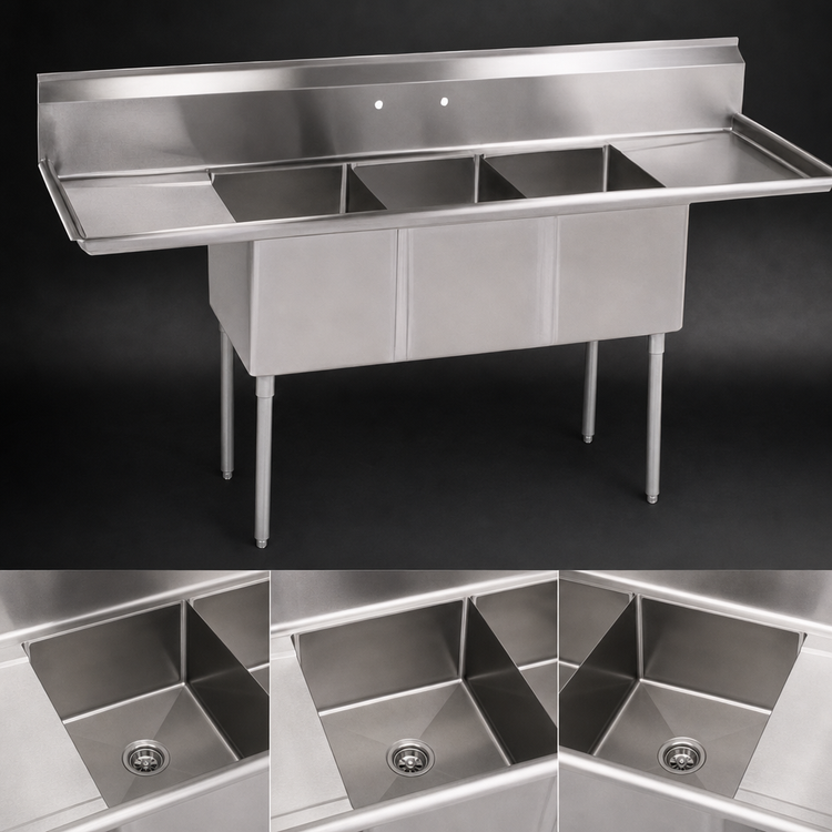 Product image #3 for John Boos E-Series 3-Compartment Sink with Dual Drainboards, 108-Inch Wide, 18-Gauge 300 Series Stainless Steel