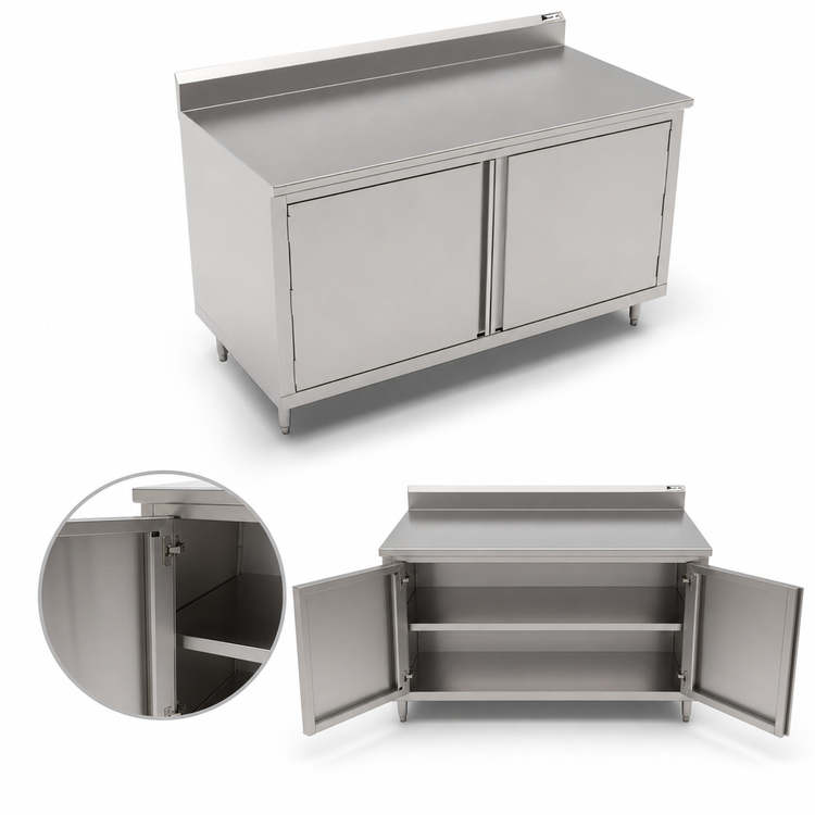 Product image #3 for John Boos 36" x 30" Stainless Steel Enclosed Work Table with Cabinet Base, Hinged Doors, and 5" Backsplash