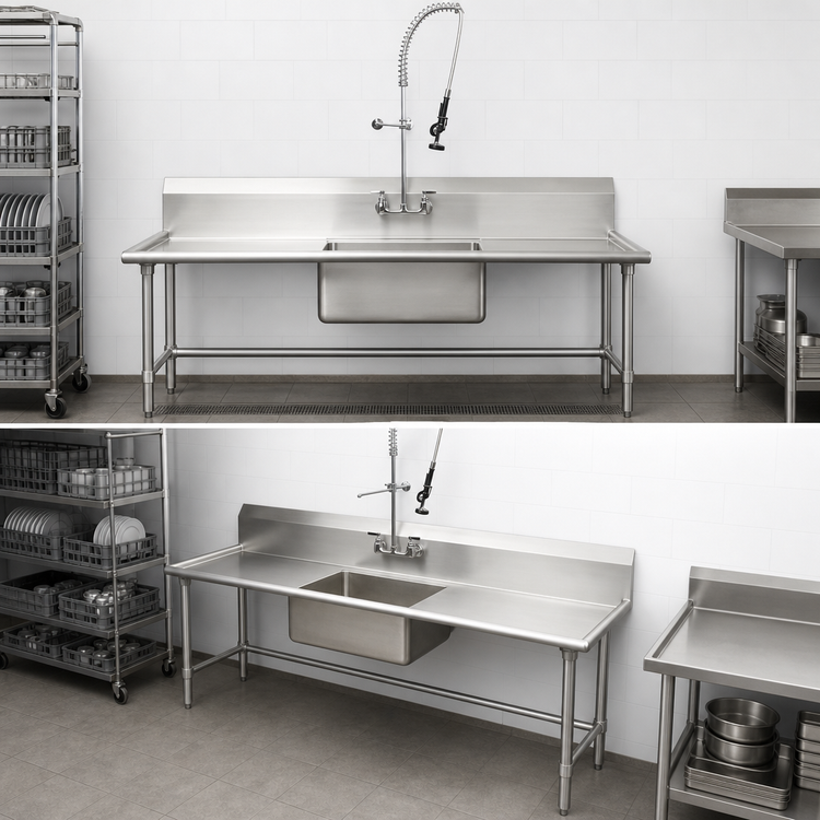 Product image #3 for 60-Inch Straight Soiled Dish Table with Left-to-Right Operation, Pre-Rinse Sink, Faucet, Drain, and 10-Inch Backsplash