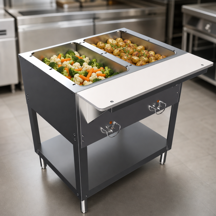 Product image #4 for BK Resources 2-Pan Electric Open Well Steam Table with Open Shelf Base and Cutting Board, 120V