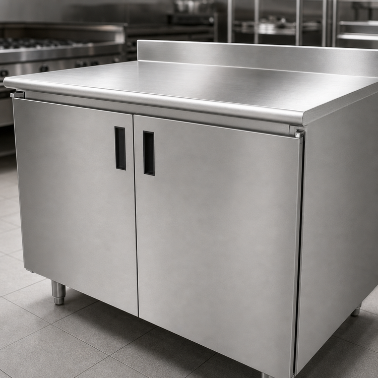 Product image #3 for Advance Tabco 144-Inch Enclosed Work Table with Cabinet Base, Mid-Shelf, Hinged Doors, 14-Gauge 304 Stainless Steel Top and 5-Inch Backsplash