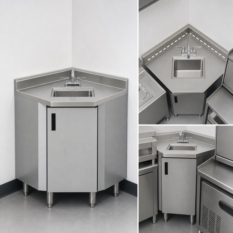 Product image #3 for Advance Tabco Corner Freestanding Stainless Steel Hand Sink Cabinet with 14 x 10 x 10 Bowl, Faucet and Drain